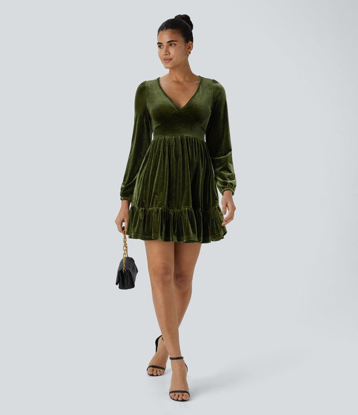 Brigitte Bordeaux  | Quotidien Robe de Soirée Mini en Velours à Encolure en V Profond et Ourlet Volanté