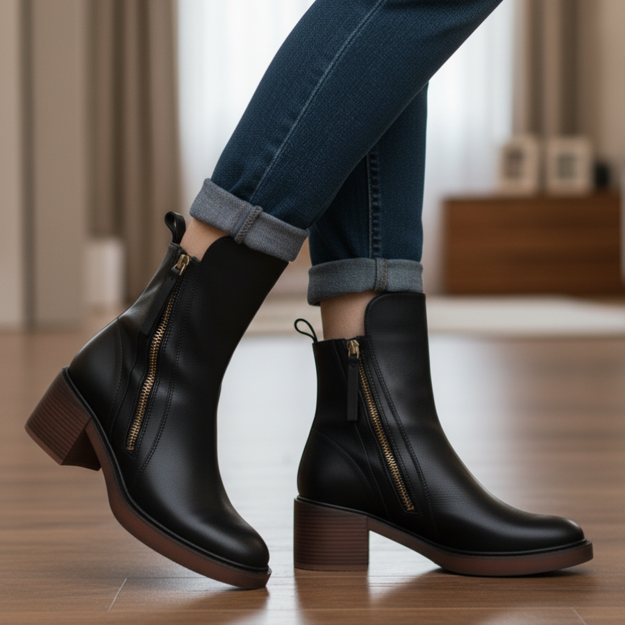 Valorine | Botte en cuir noire avec un talon confortable, élégante et intemporelle