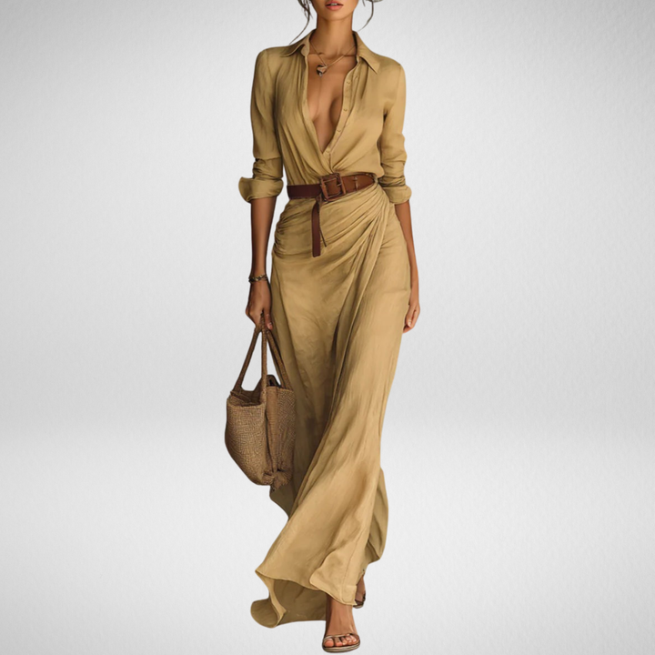 Brigitte Bordeaux  | Robe maxi sophistiquée avec ceinture ajustable et revers élégants